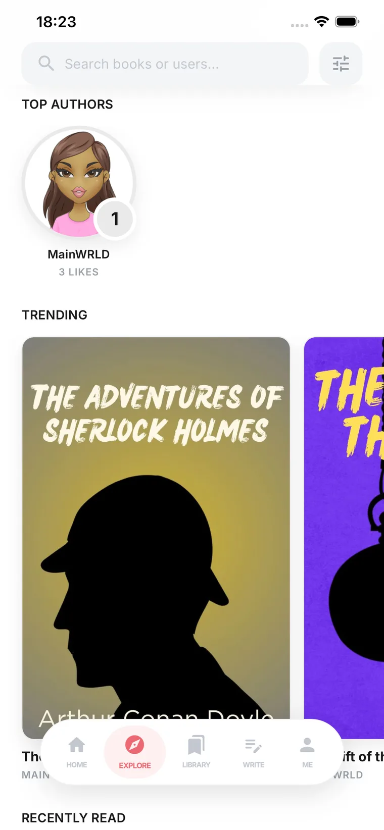 The Explore screen showing top authors and trending books with their covers.