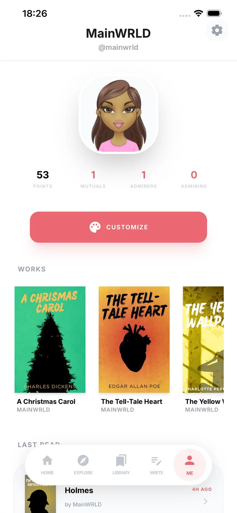 A MainWRLD profile showing a points balance, mutuals and admirers, and the author’s published works.