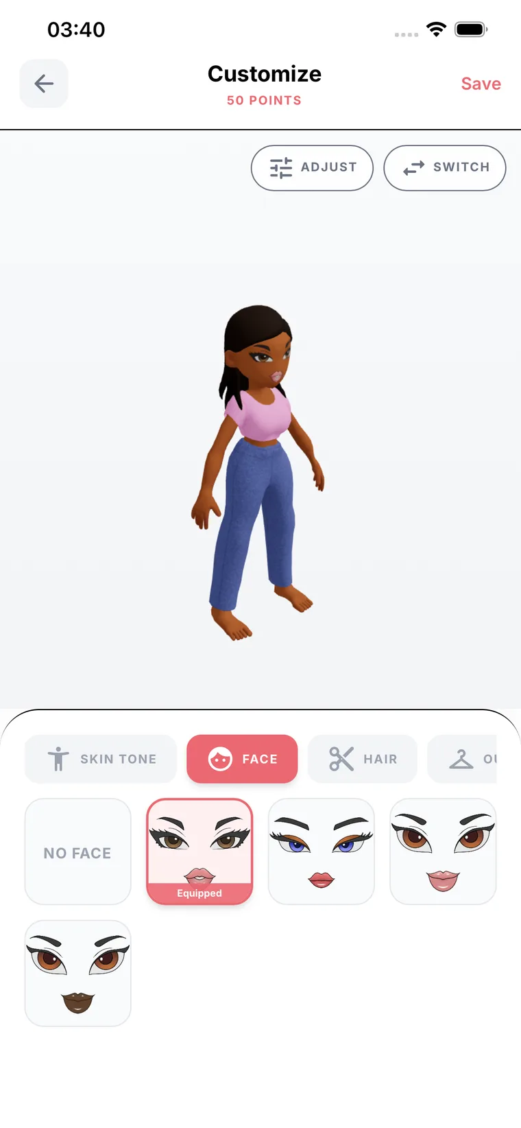The MainWRLD customize screen: a 3D avatar above tabs for skin tone, face, hair and outfit, with face options laid out below.